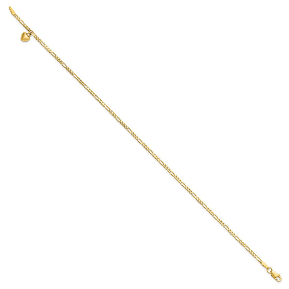 14K Gelbgold Figaro Glieder Kette mit Dangling Gewölbt Herz Fußkettchen