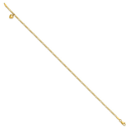 14K Gelbgold Figaro Glieder Kette mit Dangling Gewölbt Herz Fußkettchen