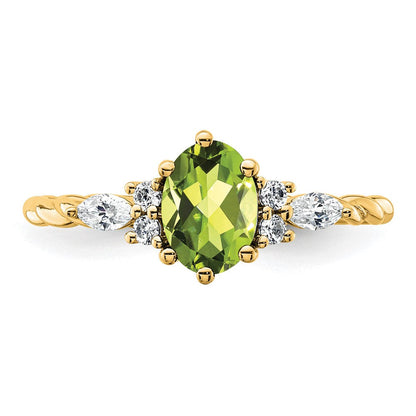 14K Gelbgold Ring mit Diamant und 7x5 ovalem August-/Peridot-Stein, Größe 7, gedreht