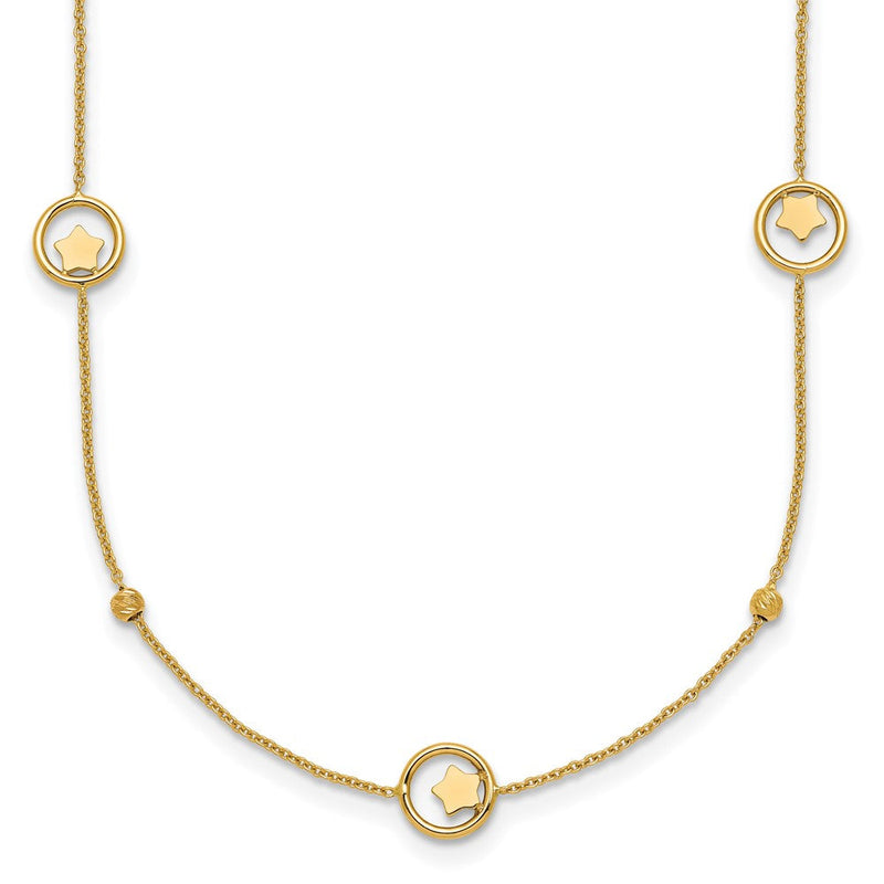 14K Gelbgold Poliert Sterne in Kreis mit Diamantiert Perlen 7-station 16.75 Zoll Halskette