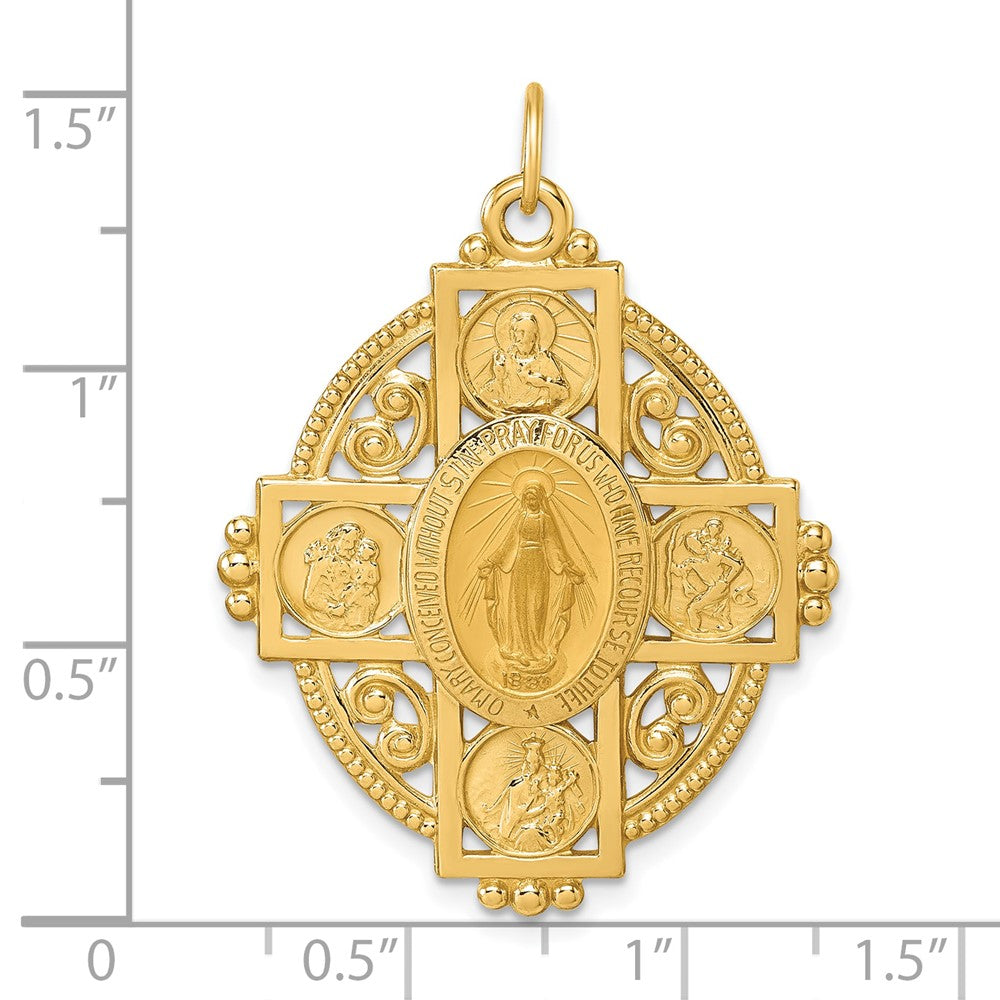 14K Gelbgold Poliert Wundertätig Medaille und Vier-way Kreuz in Filigran Oval Anhänger