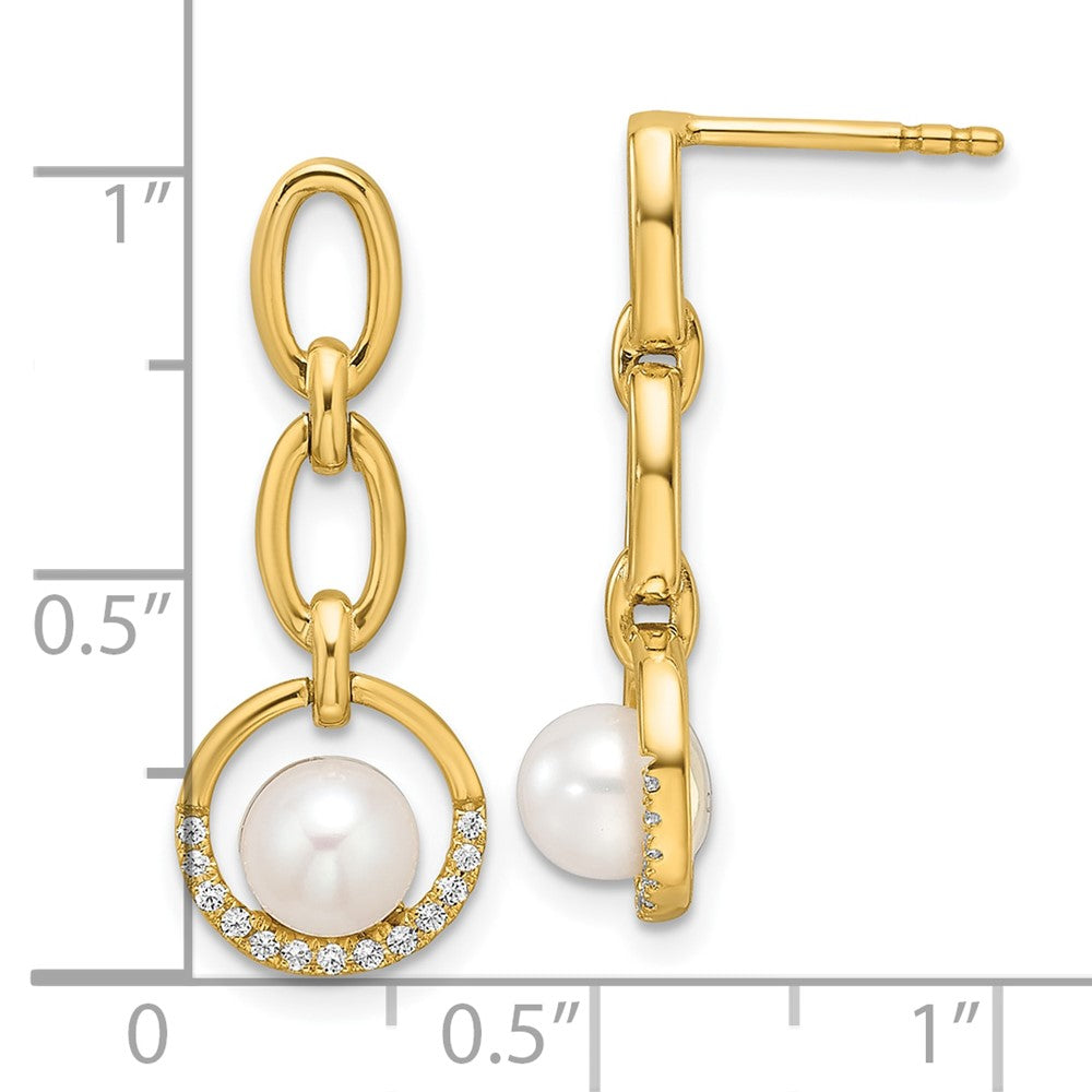 14K Gelbgold Poliert 0,1 ct. Diamant und Süßwasser-Zuchtperle Offener Kreis Ohrhänger mit Stecker