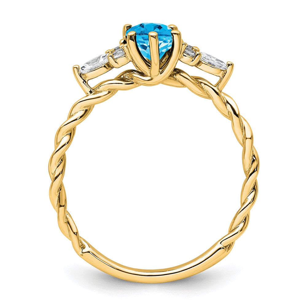 14K Gelbgold Ring mit Diamanten und 7x5 ovalem Dezember-/Blautopas, Größe 7, gedreht