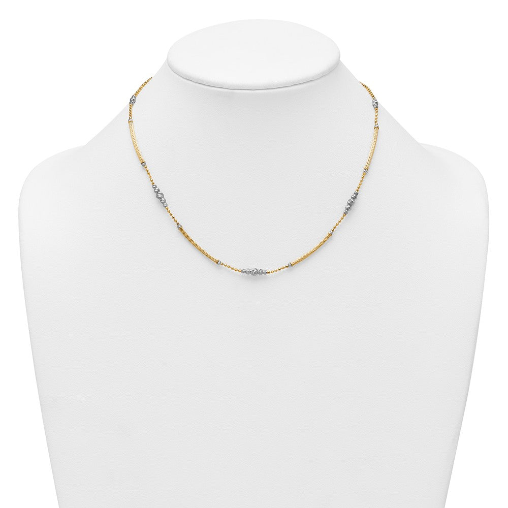 14K Bicolor Gold Geflochten Bars und Diamantiert Perlen 16.75 Zoll Halskette