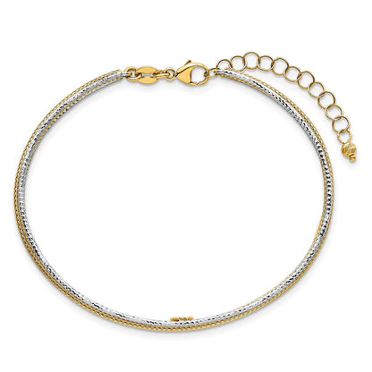 14K Bicolor Gold Strukturiert Geflochten 5mm Flexibel Armreif Armband Plus 1.25 Zoll Verlängerung