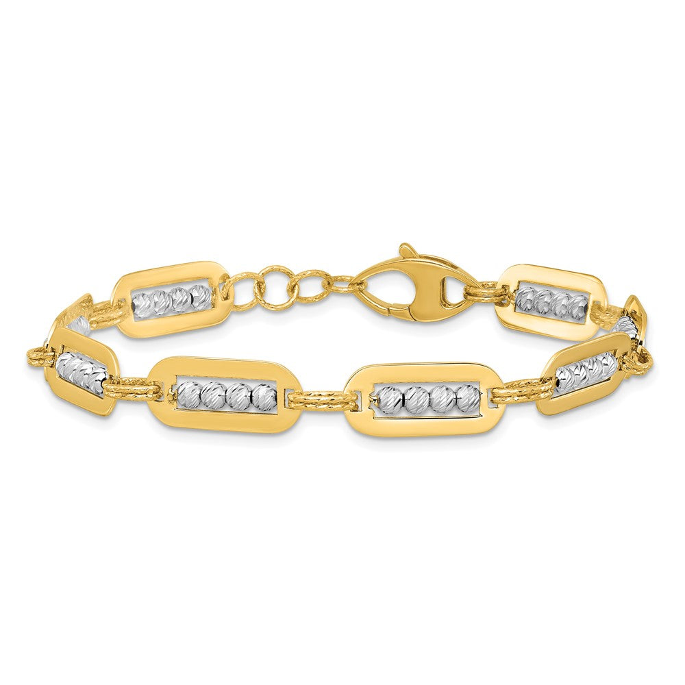 14K Bicolor Gold Poliert Diamantiert Perle Gliederarmband Plus Verlängerung
