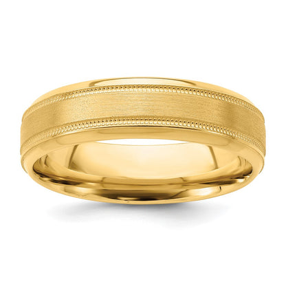 14K Gelbgold 6 mm Ehering mit Standardgewicht, Komfort-Passform, gebürstet-satinierter/polierter Oberfläche, Milgrain und geriffelter Kante
