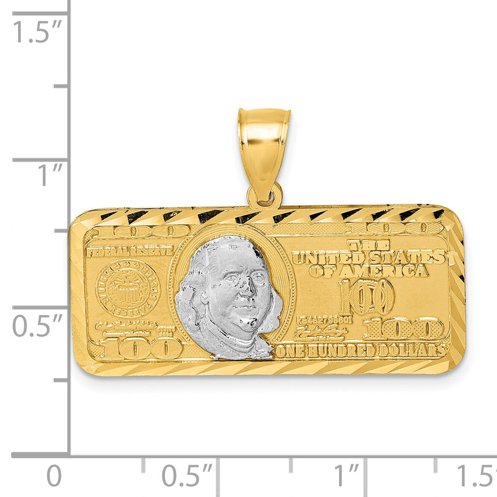 14K Gelbgold Poliert mit Rhodium Diamantschliff 100-Dollar-Schein-Anhänger