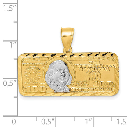 14K Gelbgold Poliert mit Rhodium Diamantschliff 100-Dollar-Schein-Anhänger