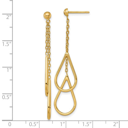 14K Gelbgold Poliert Zwei Teardrops und Kette Hängend Ohrstecker