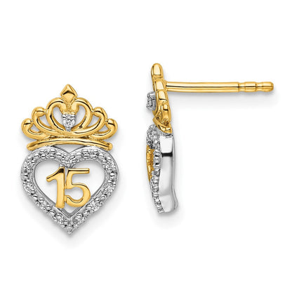 14K Zweifarbige Goldene Zweifarbig Polierte 0,15K Diamant Quinceañera 15 Herz/Krone Ohrstecker