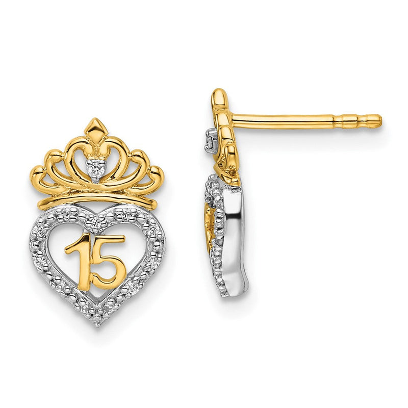 14K Zweifarbige Goldene Zweifarbig Polierte 0,15K Diamant Quinceañera 15 Herz/Krone Ohrstecker