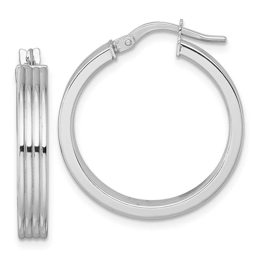 14K Weißgold Poliert und Gerillt 4.00 X 24mm Röhre Creolen