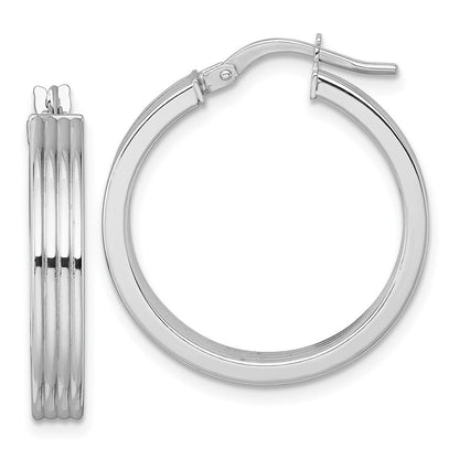 14K Weißgold Poliert und Gerillt 4.00 X 24mm Röhre Creolen