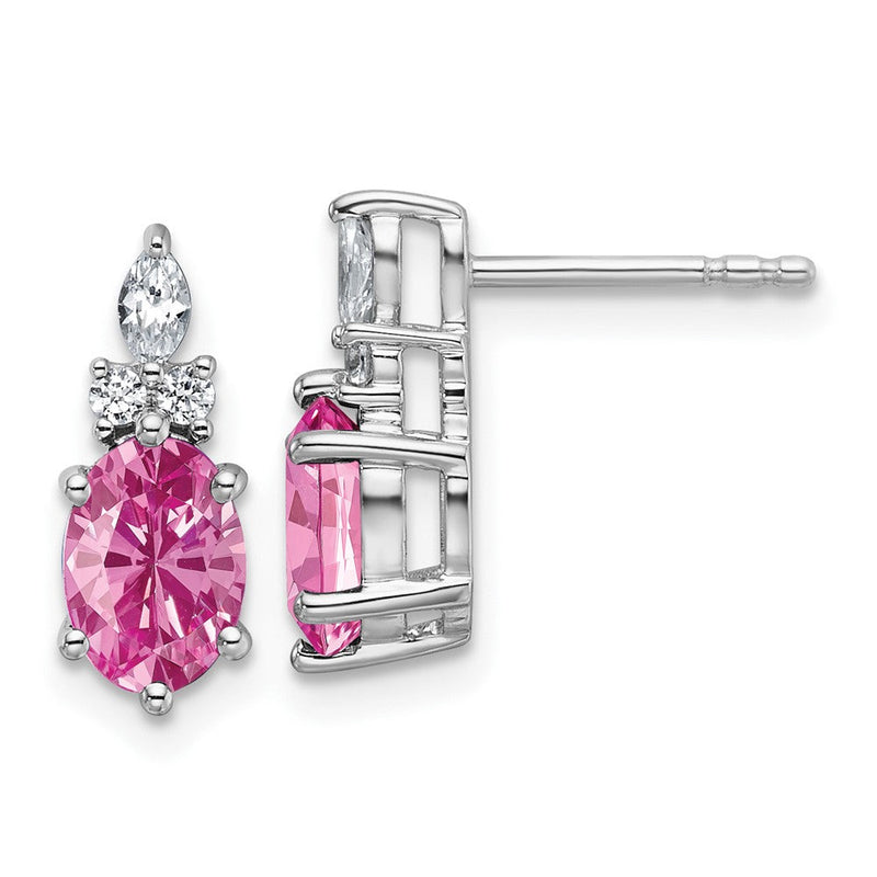 14K Weißgold Ohrstecker mit Diamanten und 7x5 mm ovalen, im Labor gezüchteten rosa Saphiren (Oktober-Geburtsstein)