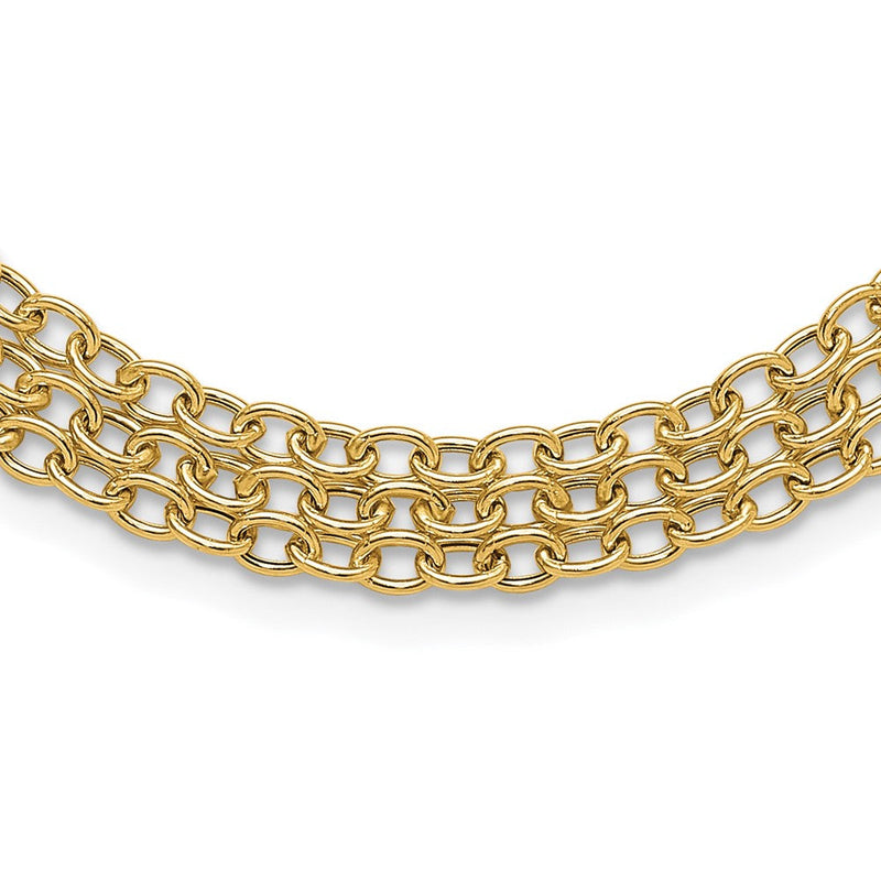 14K Gelbgold Poliert und Strukturiert Fantasie Ankerkette mit 3-strand Latz 17 Zoll Halskette