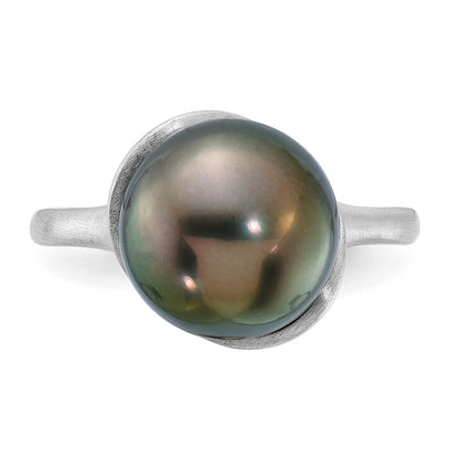 14K Weißgold Gebürstet 10-11mm Rund Schwarz Tahitian Salzwasser Zuchtperle Ring