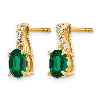 14K Gelbgold Ohrstecker mit 7x5 ovalem Mai/Labor-gezüchtetem Smaragd und Diamant