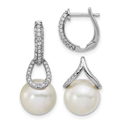14K Weißgold Creolen mit klappbarem Scharnier, 10-11 mm weißen runden Süßwasser-Zuchtperlen, 0,41 ct. Diamanten und abnehmbaren Ohrhängern