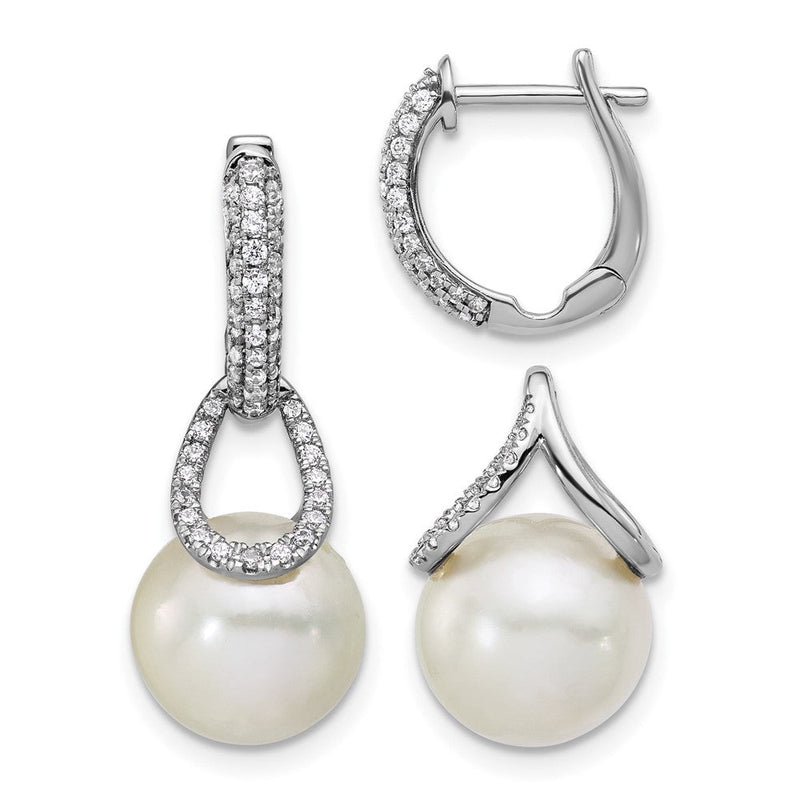 14K Weißgold Creolen mit klappbarem Scharnier, 10-11 mm weißen runden Süßwasser-Zuchtperlen, 0,41 ct. Diamanten und abnehmbaren Ohrhängern
