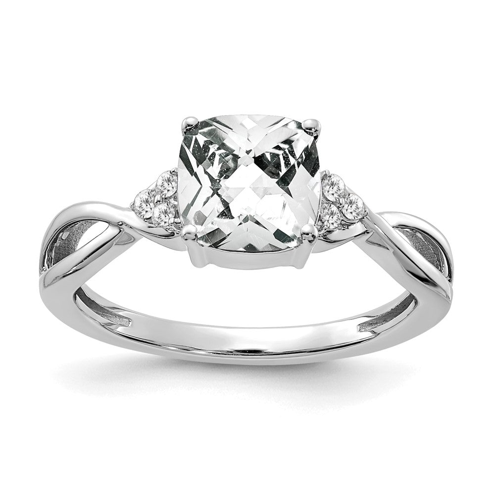 14K Weißgold 7mm Kissen Schachbrett April/white Topas und Diamant Ring