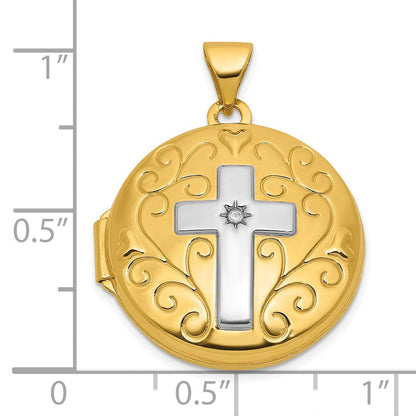 14K Gelbgold und Rhodium Halb Point Diamant Poliert Kreuz 20mm Rund Medaillon