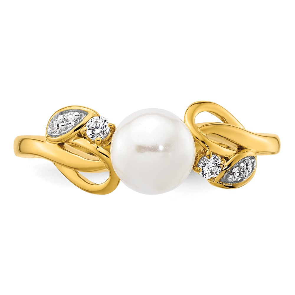 14K Gelbgold Poliert Ring mit 0,067 Karat Diamant und Süßwasser-Zuchtperle, Größe 7