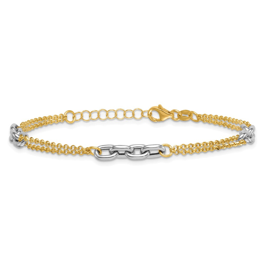 14K Bicolor Gold Poliert Fantasie Oval Glieder und Doppelt Strang Kette 7.25 Zoll mit 1 Zoll Verlängerung Armband