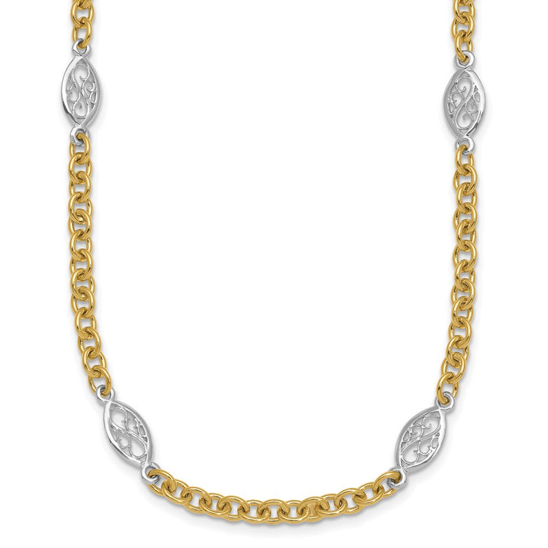 14K Bicolor Gold Bicolor Poliert 6.5mm Fantasie Ankerkette Kette und Filigran Oval 18 Zoll Halskette