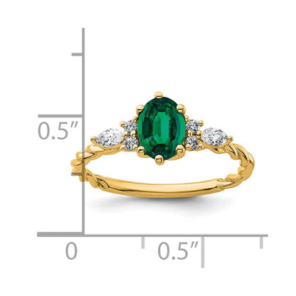14K Gelbgold Ring mit Diamant und 7x5 ovalem synthetischem Mai-Smaragd, Größe 7, gedreht