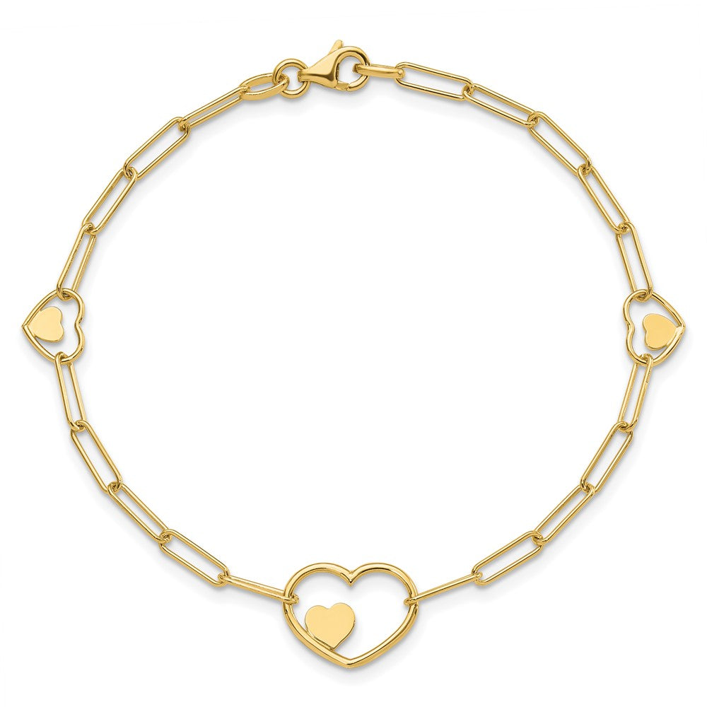 14K Gelbgold Doppelt Herzen und Büroklammer Knöpfe Gliederarmband