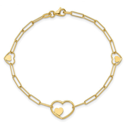 14K Gelbgold Doppelt Herzen und Büroklammer Knöpfe Gliederarmband