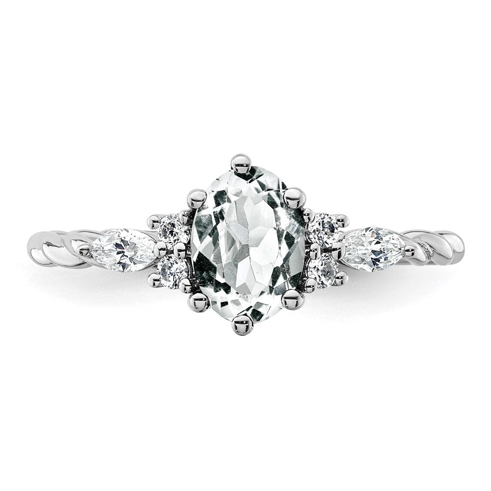 14K Weißgold Ring mit Diamant und 7x5 ovalem April-/Weißem Topas, Größe 7, gedreht