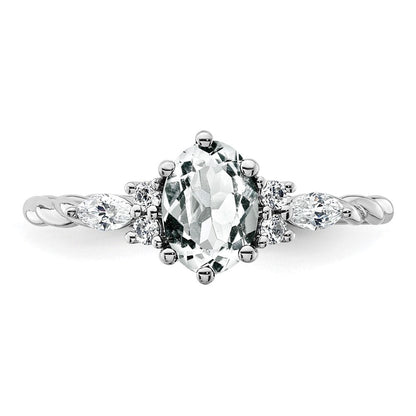 14K Weißgold Ring mit Diamant und 7x5 ovalem April-/Weißem Topas, Größe 7, gedreht
