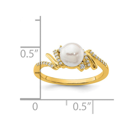 14K Gelbgold Ring poliert mit 0,1 ct. Diamant und Süßwasser-Zuchtperle, Größe 7