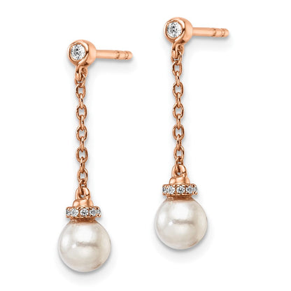 14K Roségold Ohrhänger mit Kette und Stecker, poliert, 0,1 ct. Diamant und weißer Süßwasser-Zuchtperle