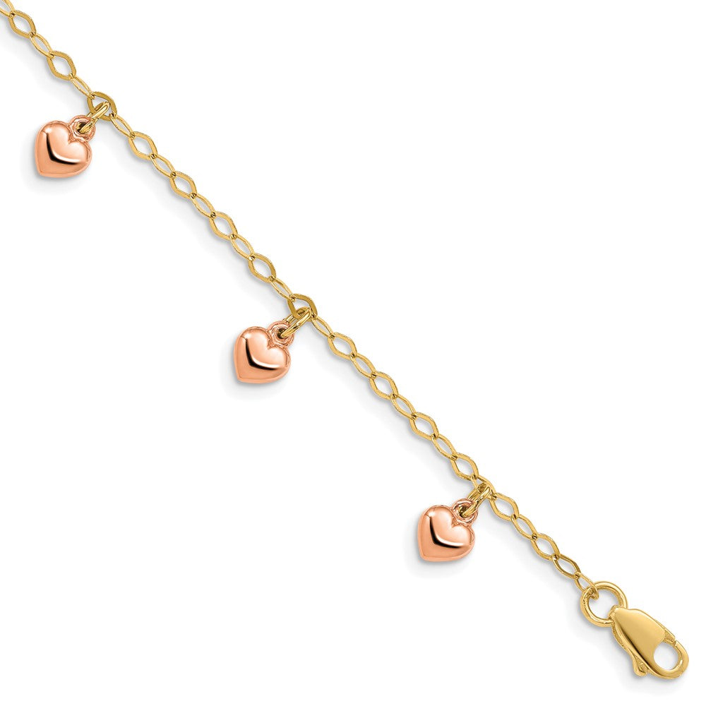 14K Gelbgold mit Roségold Herzen Kind Gewölbt Herz Charm Armband
