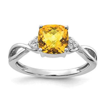 14K Weißgold 7mm Kissen Schachbrett November/citrine und Diamant Ring