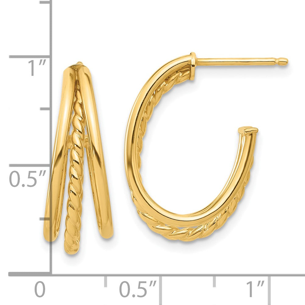 14K Gelbgold Poliert und Gedreht Oval Multi Reihe J-hoop Ohrstecker