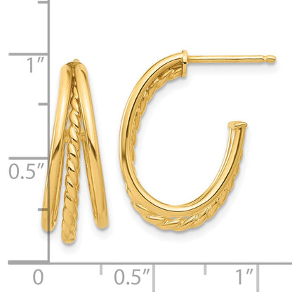 14K Gelbgold Poliert und Gedreht Oval Multi Reihe J-hoop Ohrstecker