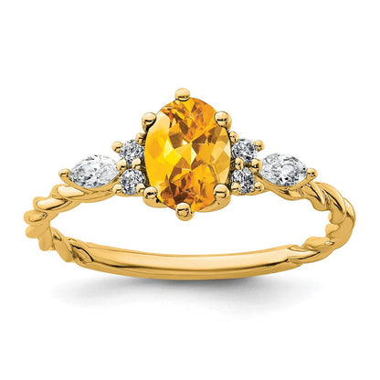 14K Gelbgold Diamant und 7x5 Oval November/citrine Größe 7 Gedreht Ring