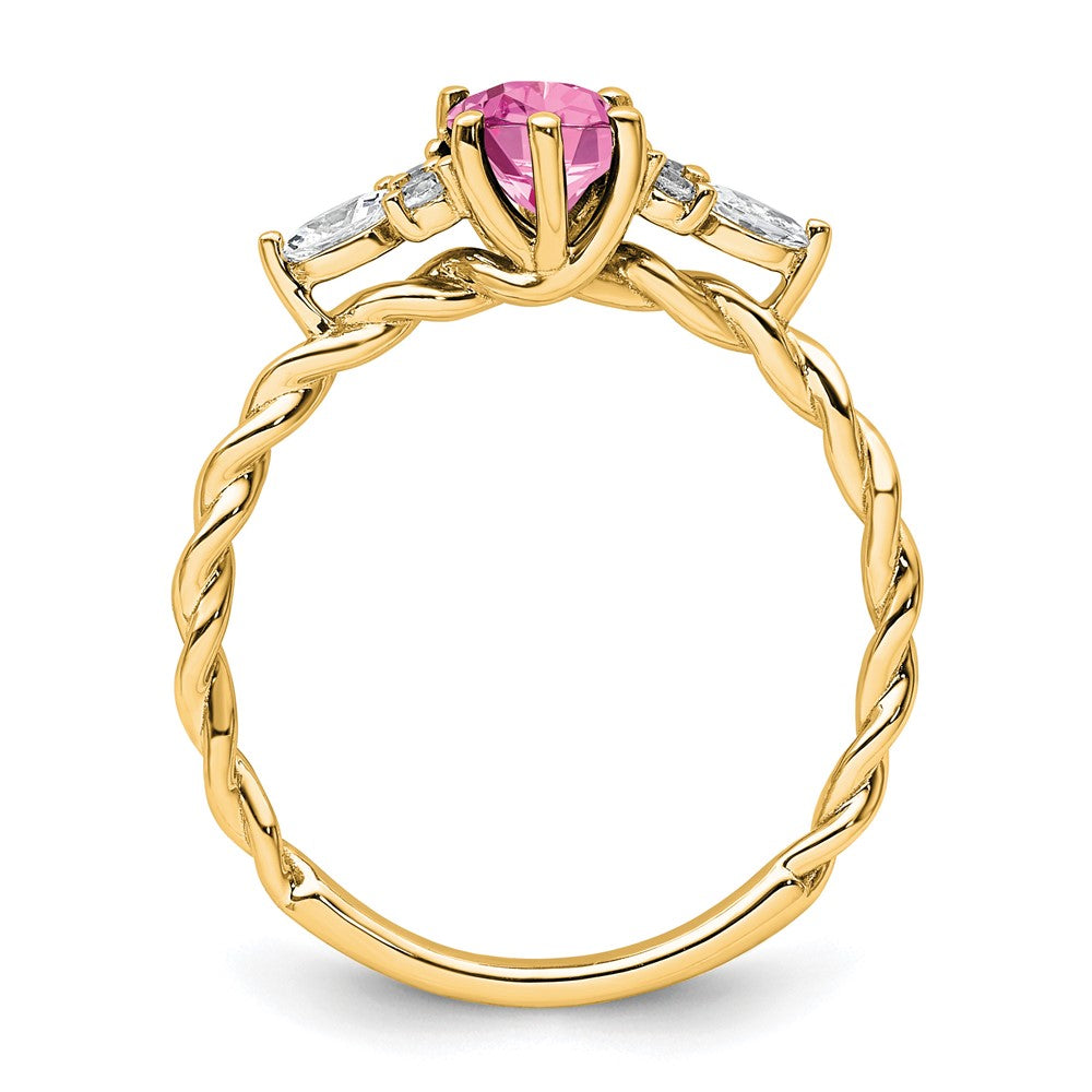 14K Gelbgold Ring mit Diamanten und 7x5 ovalem Oktober-Geburtsstein/im Labor gezüchtetem Rosa Saphir, Größe 7, gedreht