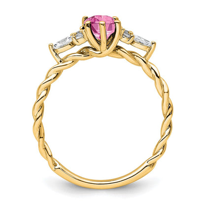 14K Gelbgold Ring mit Diamanten und 7x5 ovalem Oktober-Geburtsstein/im Labor gezüchtetem Rosa Saphir, Größe 7, gedreht