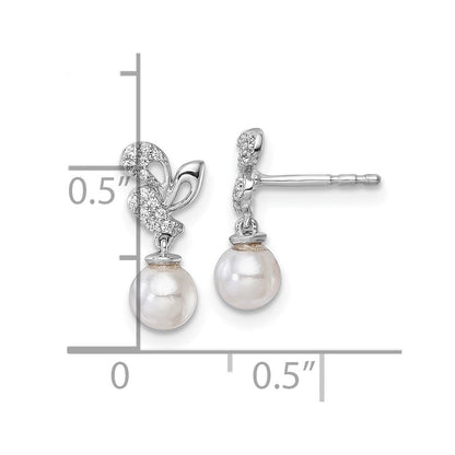 14K Weißgold polierte Ohrhänger mit 0,10K Diamant und weißer Süßwasser-Zuchtperle