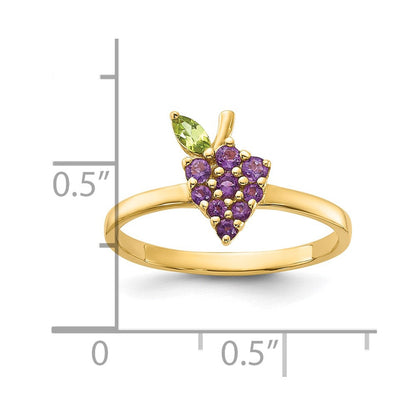 14K Gelbgold Amethyst und Peridot Grapes Größe 7 Ring
