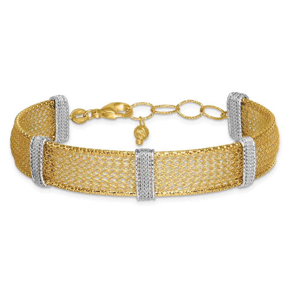 14K Bicolor Gold Bicolor Strukturiert 10.6mm Netz 6.75 Zoll Armband Plus 1 Zoll Verlängerung