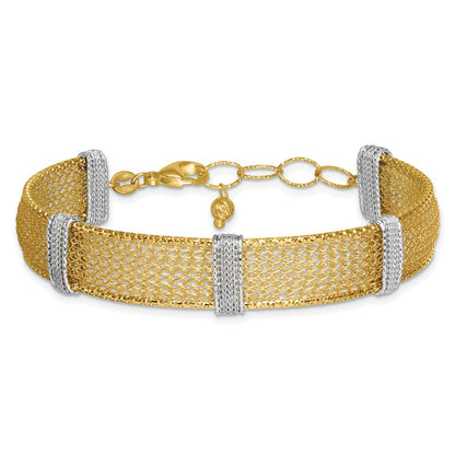 14K Bicolor Gold Bicolor Strukturiert 10.6mm Netz 6.75 Zoll Armband Plus 1 Zoll Verlängerung