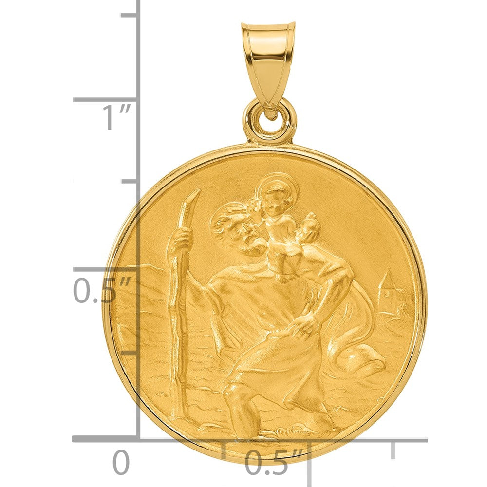 14K Gelbgold Poliert und Satiniert Massiv Groß St. Christopher Medaille Rund Anhänger