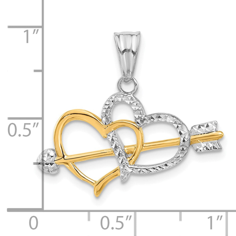 14K Gelbgold mit Rhodium Diamantgeschliffener Herzen-und-Pfeil-Anhänger