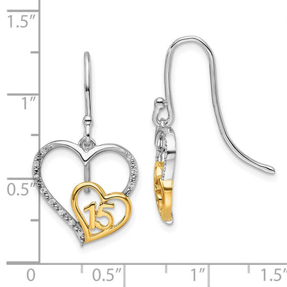 14K Zweifarbiges Gold Poliert 0,05K Diamant Quinceañera 15 Herz-Ohrhänger mit Französischem Ohrhaken